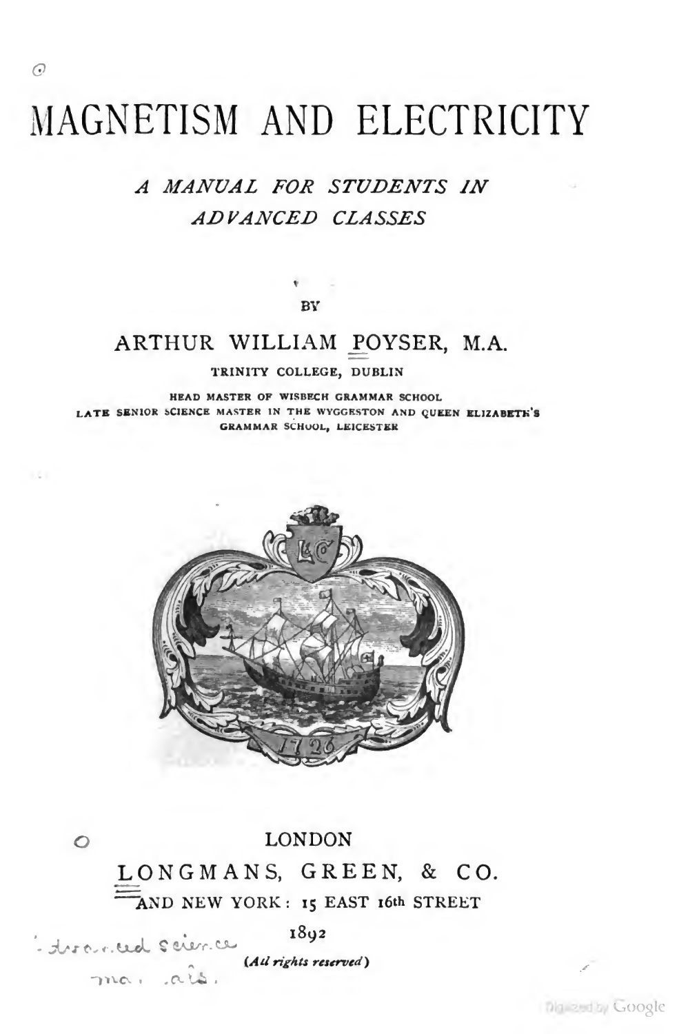 Folha de rosto original de Magnetism and Electricity, de Arthur William Poyser